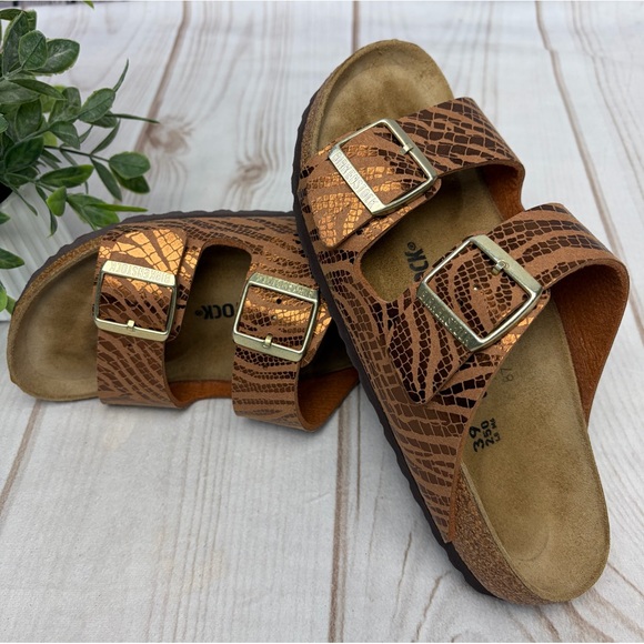 Birkenstock Arizona Double Strap Leather Sandals Metallic Copper Suede Sz EU 39 - Picture 12 of 14